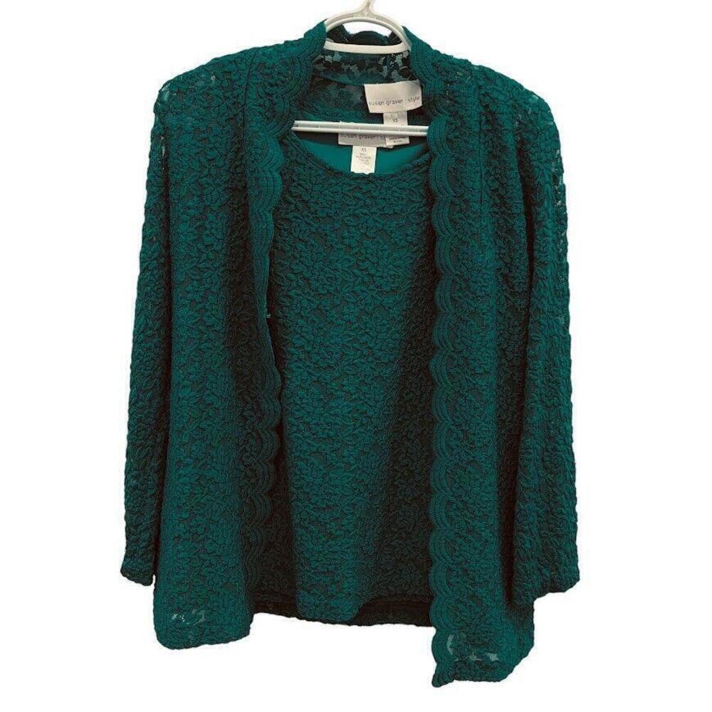 Susan Graver Womens Green 2 Piece Lined Lace Jacket and Camisole Top Size XS​​​​
